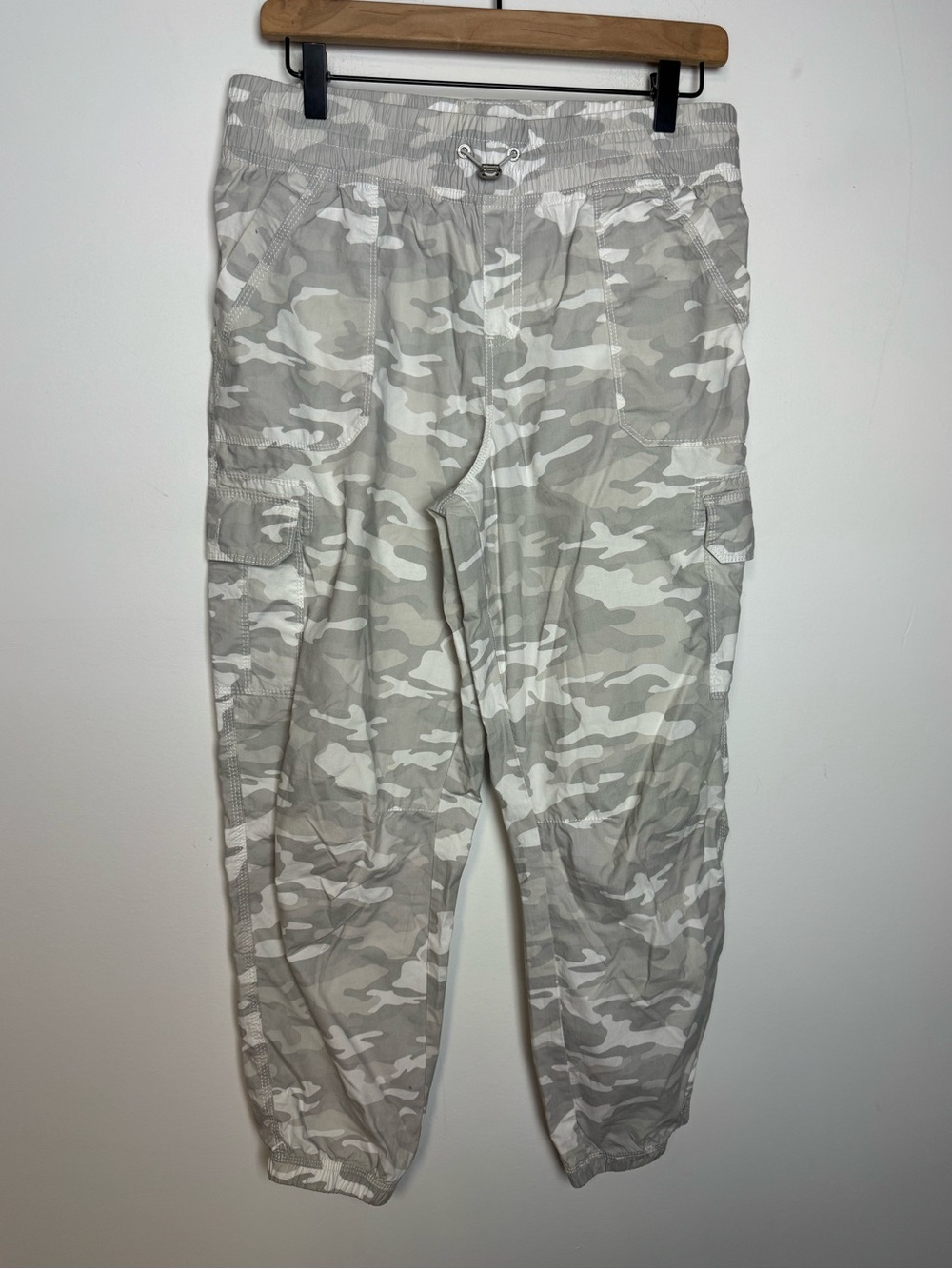 Calvin Klein Performance women's crop cargo pants in a grey and white camouflage
